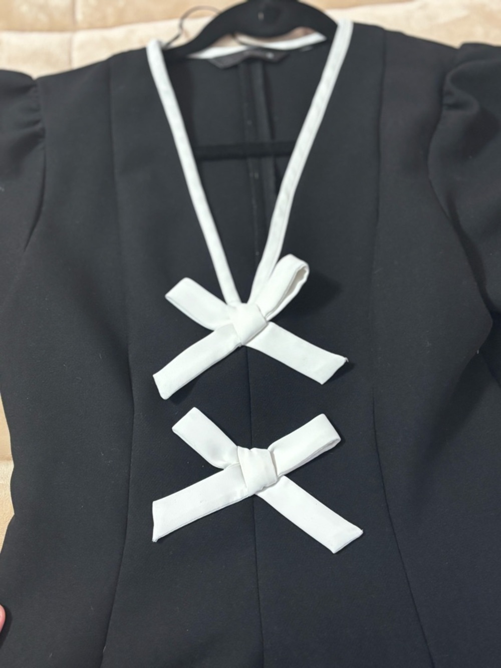 Zara Black Dress with White Bow Trim and Puff Sleeves - Picture 2 of 4